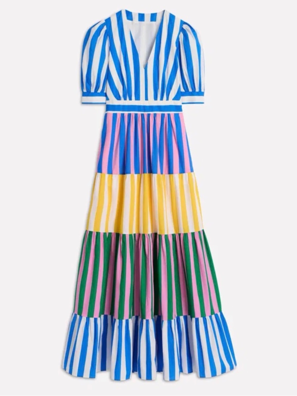 Boden V‑Neck Striped Puff Sleeve Dress in Blue, White, Pink & Yellow